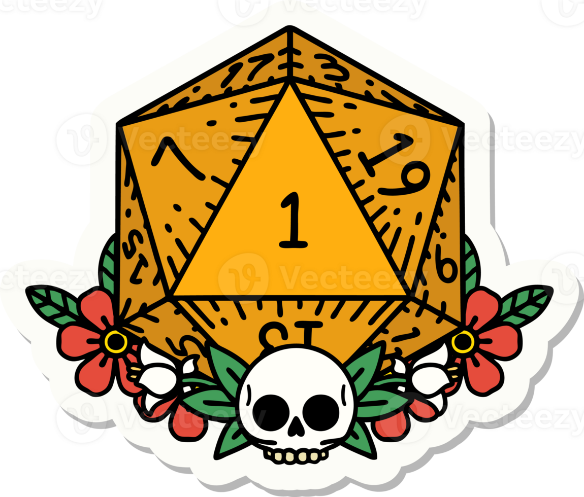sticker of a natural one dice roll with floral elements png