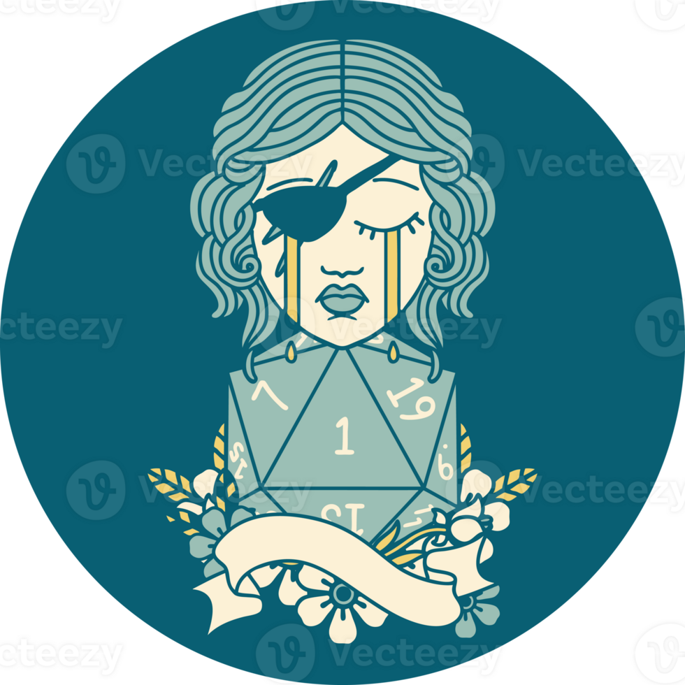 Retro Tattoo Style crying human rogue with natural one D20 roll png