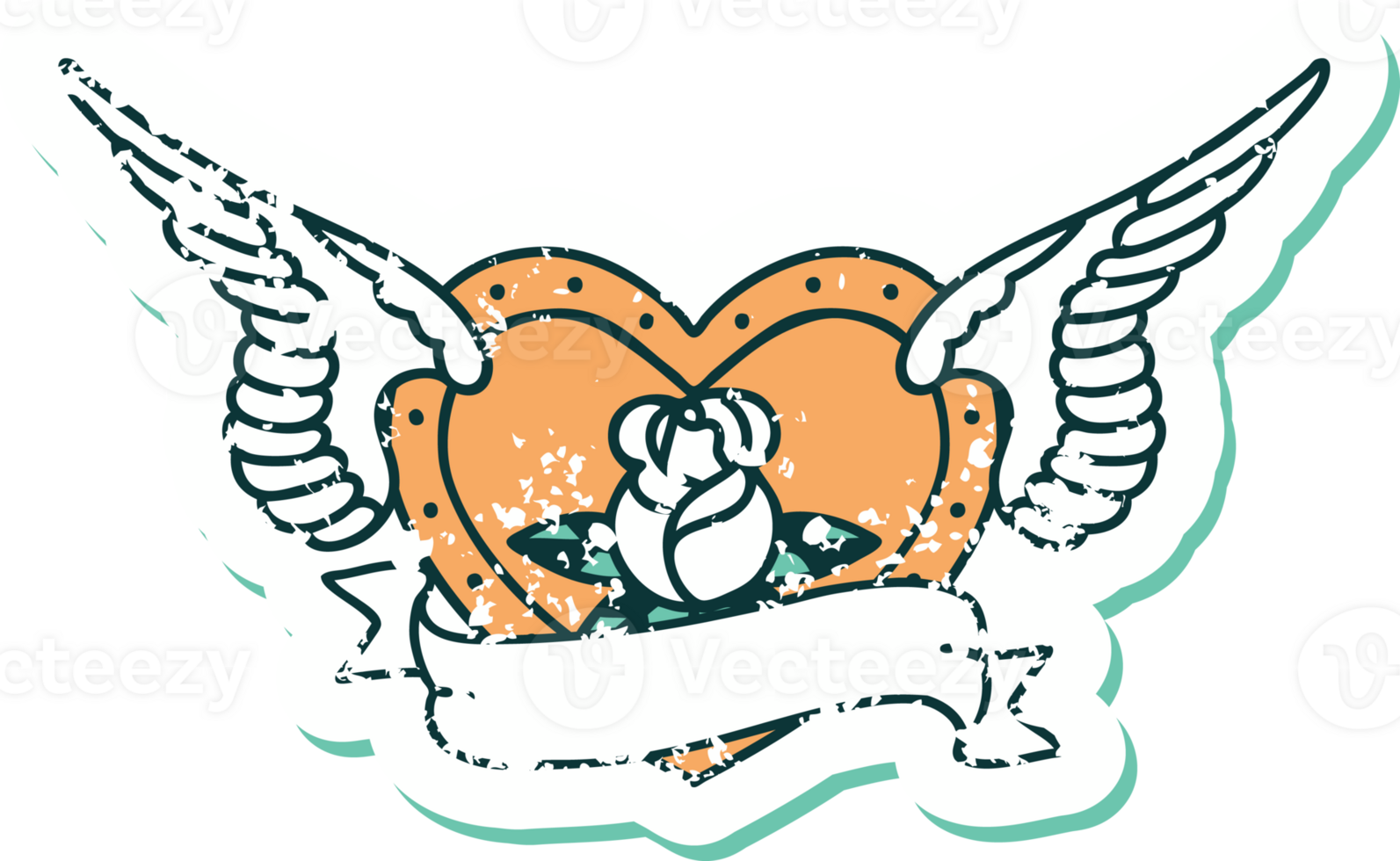 iconic distressed sticker tattoo style image of a flying heart with flowers and banner png