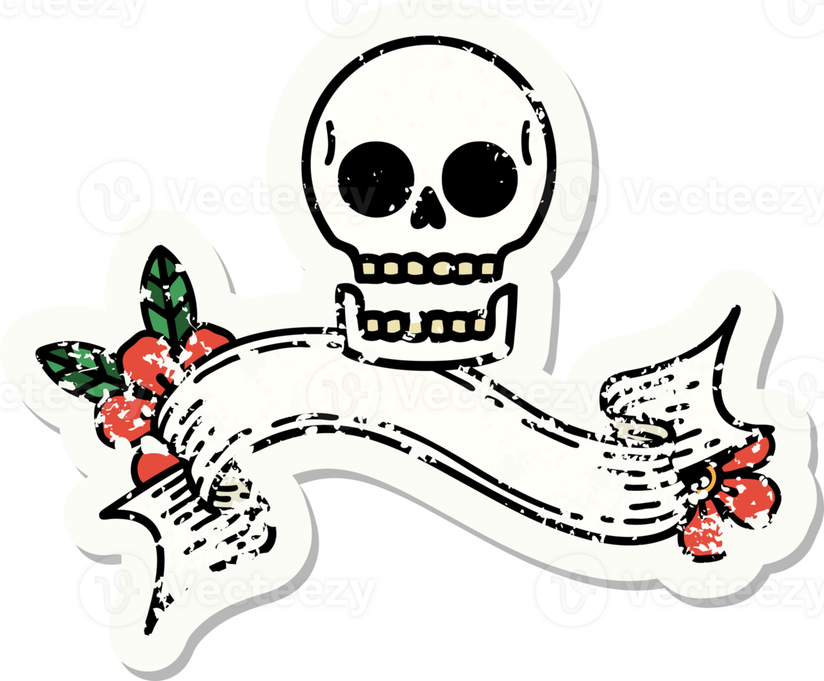 worn old sticker with banner of a skull png