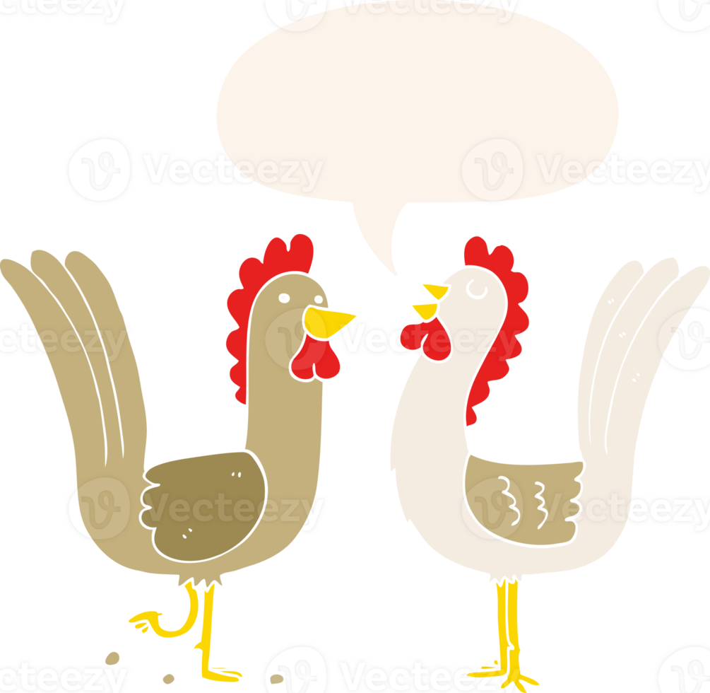 cartoon chickens with speech bubble in retro style png