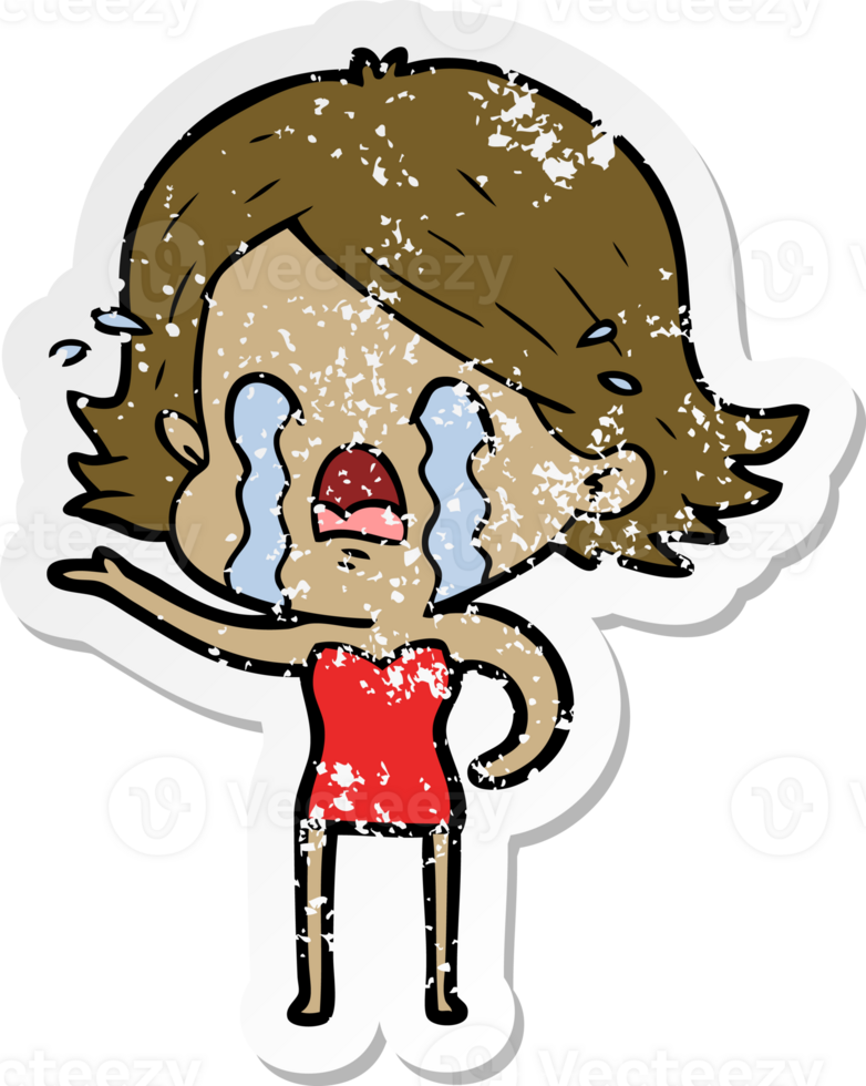 distressed sticker of a cartoon woman crying png