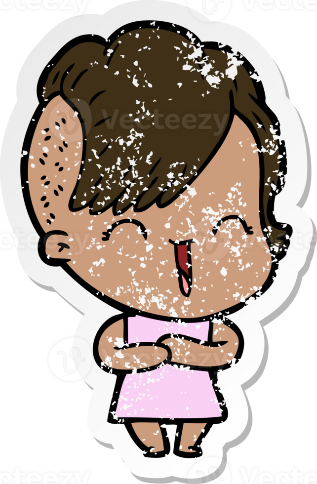 distressed sticker of a cartoon happy hipster girl png