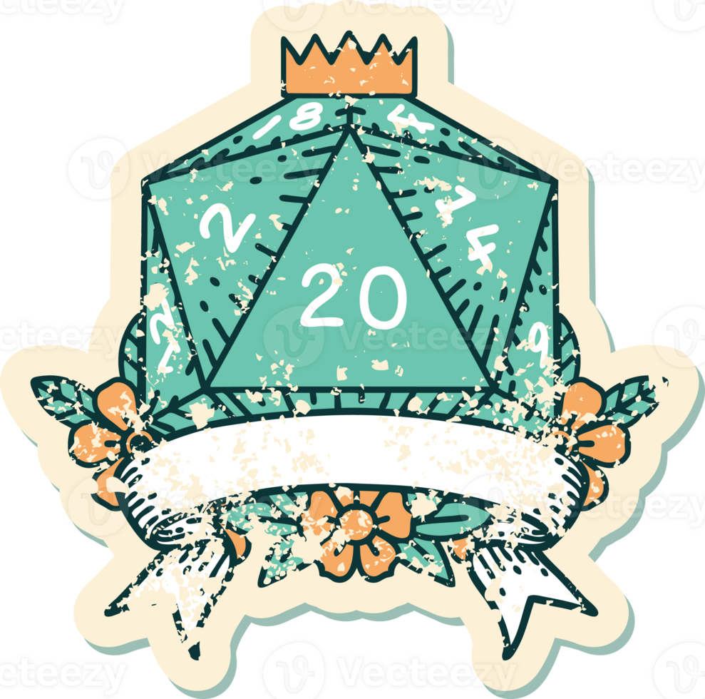 Retro Tattoo Style natural 20 critical hit D20 dice roll png