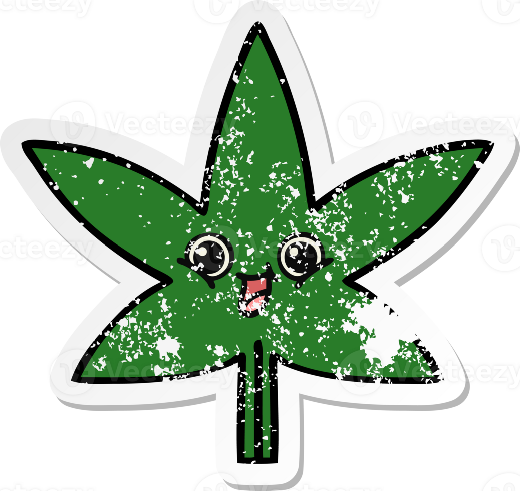 distressed sticker of a cute cartoon marijuana leaf png
