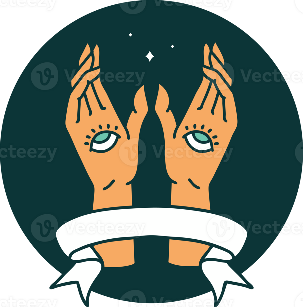 tattoo style icon with banner of mystic hands png