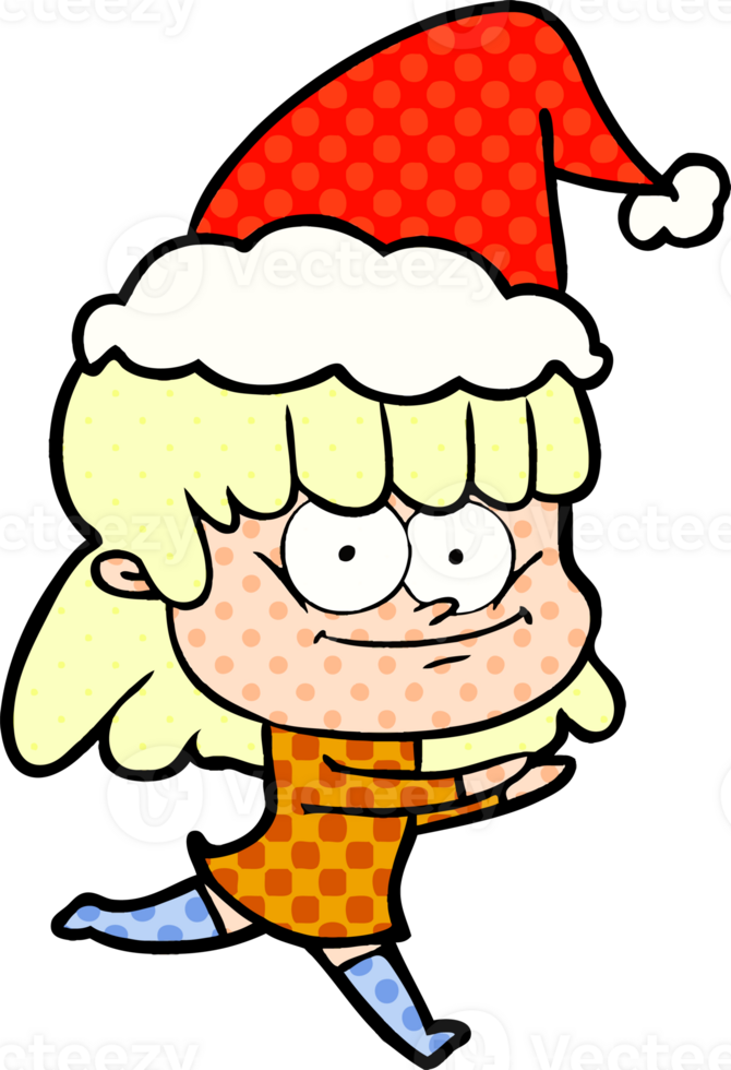 hand drawn comic book style illustration of a smiling woman wearing santa hat png
