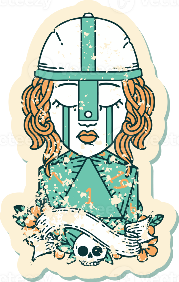 Retro Tattoo Style crying human fighter with natural one D20 dice roll png