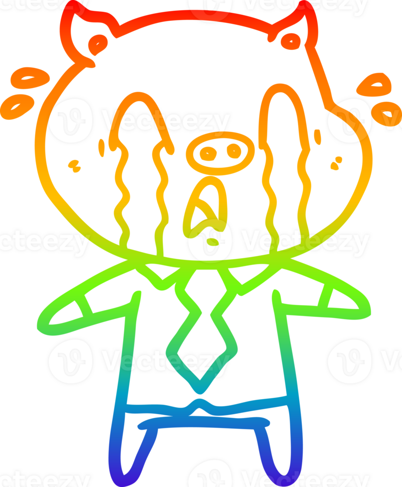 rainbow gradient line drawing of a crying pig cartoon wearing human clothes png