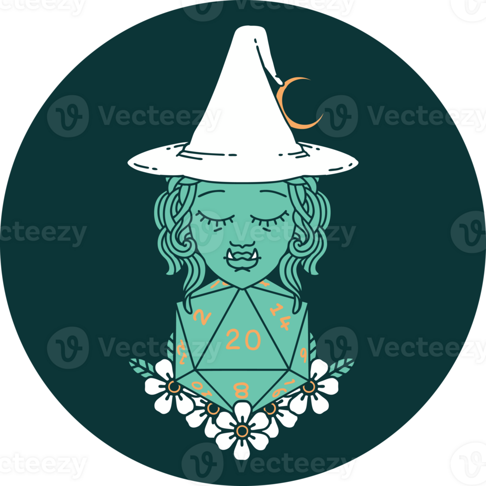 icon of half orc wizard with natural twenty dice roll png