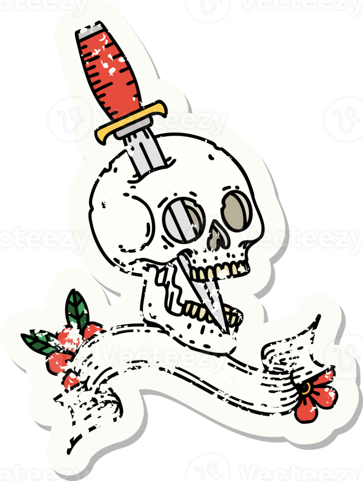 worn old sticker with banner of a skull png