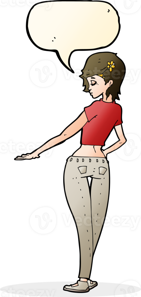 cartoon pretty girl in jeans and tee with speech bubble png