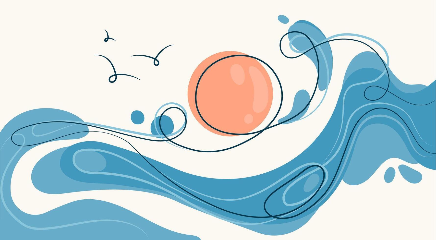 Ocean waves and sun Abstract minimalist illustration. Modern aesthetic seascape background. Modern sunset abstract drawing. illustration. Creative sun and sea waves, seascape, muted colors vector