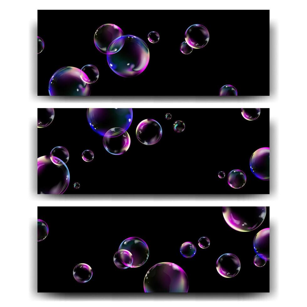 Realistic transparent bubbles banner template set.Horizontal banners or flyers background with rainbow transparent soap bubbles on black background. illustration.Modern template design vector