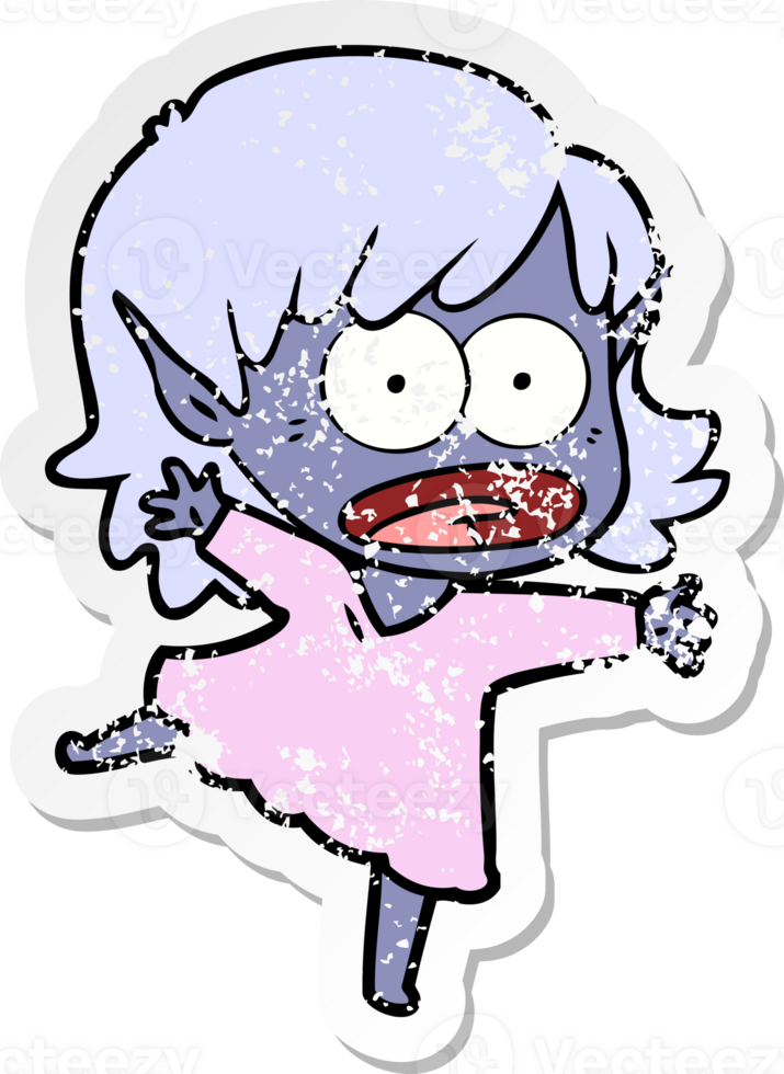 distressed sticker of a cartoon shocked elf girl png