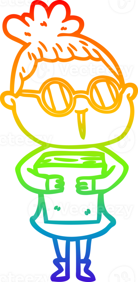 rainbow gradient line drawing of a cartoon woman wearing spectacles png