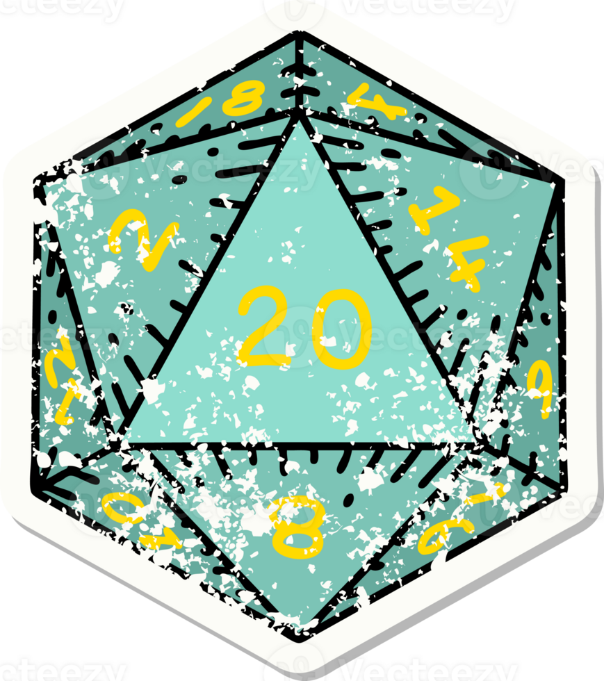grunge sticker of a natural 20 D20 dice roll png