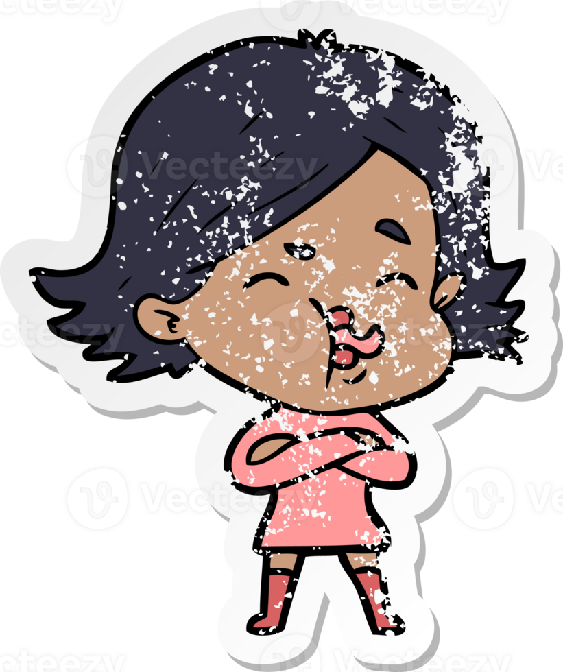 distressed sticker of a cartoon girl pulling face png