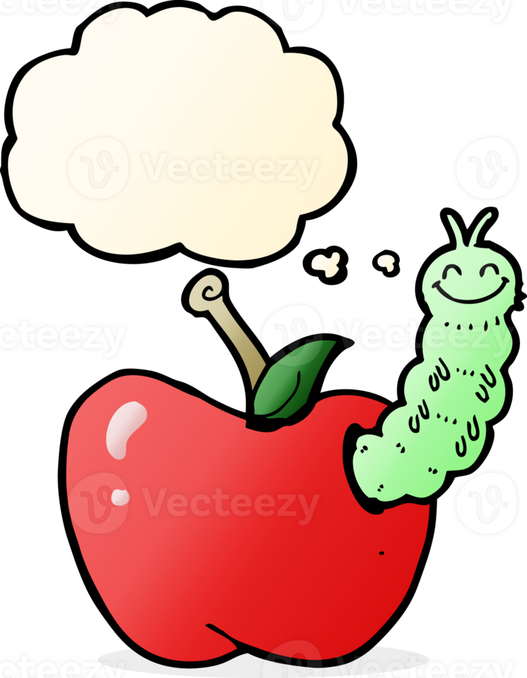 cartoon bug eating apple with thought bubble png