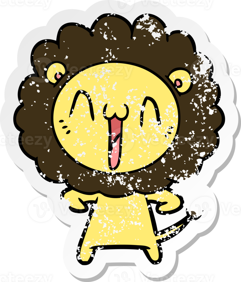 distressed sticker of a happy cartoon lion png
