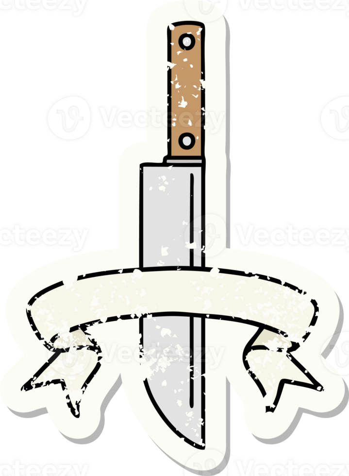 worn old sticker with banner of a knife png