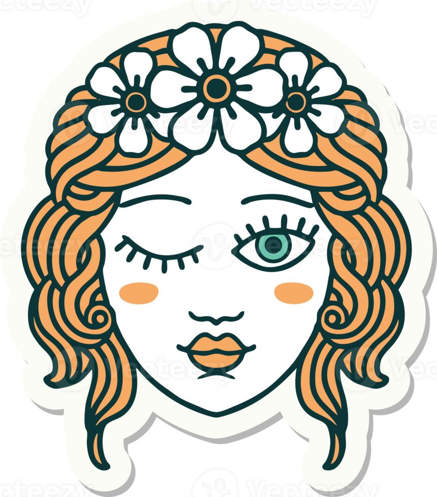 sticker of tattoo in traditional style of a maidens face winking png