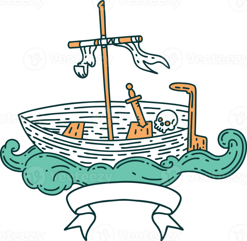 scroll banner with tattoo style empty boat with skull png