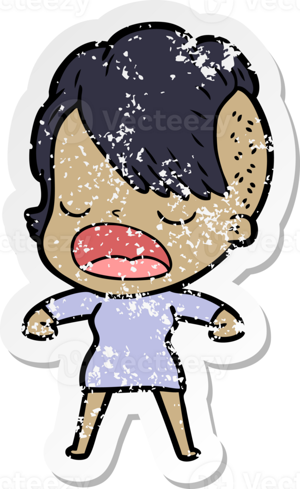 distressed sticker of a cartoon cool hipster girl talking png