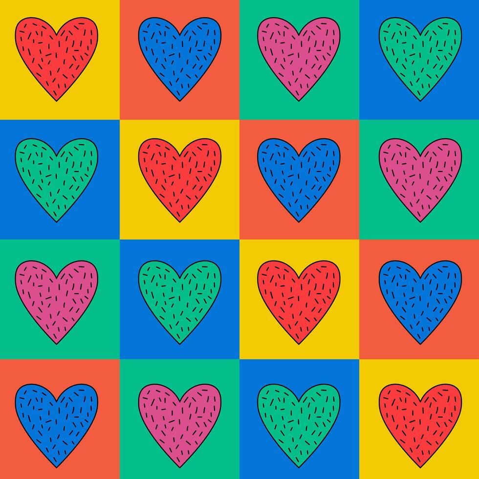 Checkered seamless pattern with colorful hearts vector