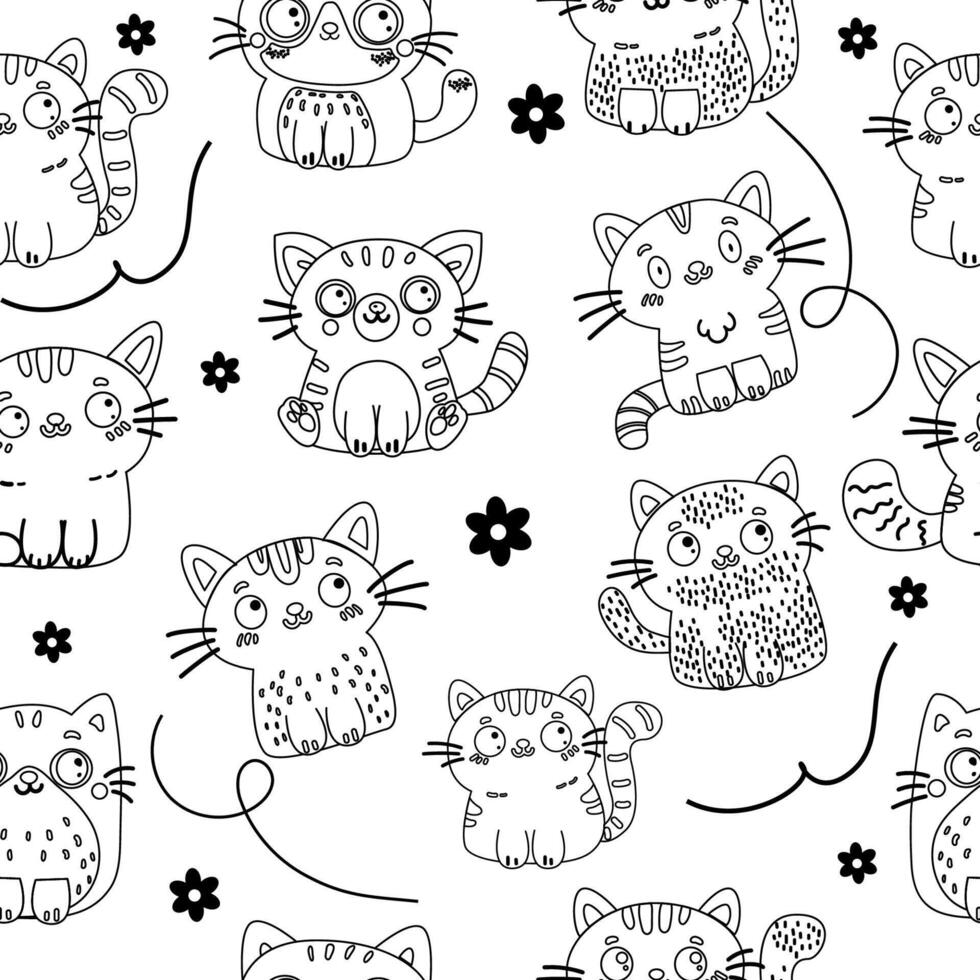 Seamless pattern character cartoon doodle outline cat vector