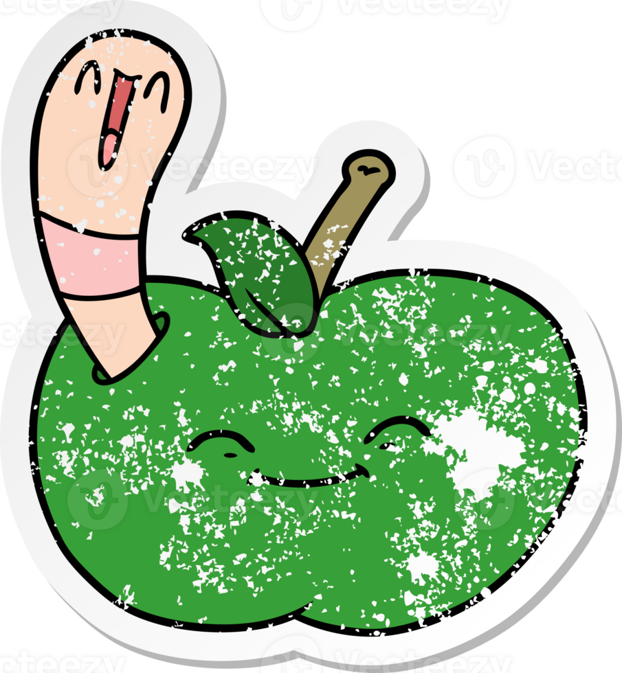 distressed sticker of a cartoon happy worm in an apple png