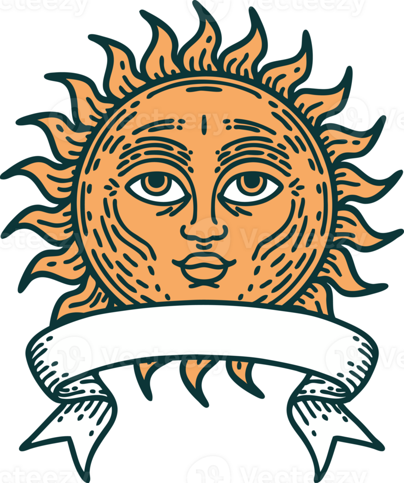 traditional tattoo with banner of a sun with face png