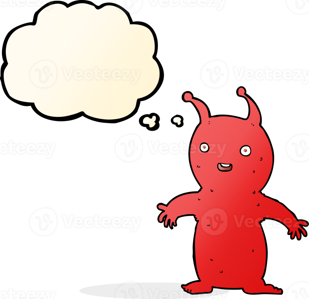 cartoon happy little alien with thought bubble png