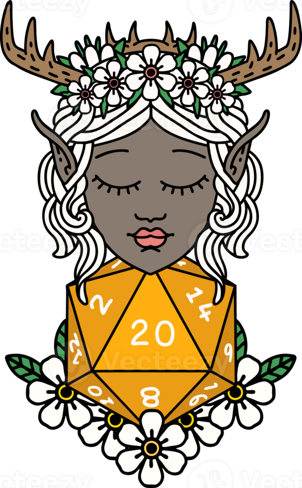 Retro Tattoo Style elf druid character with nautral twenty dice roll png