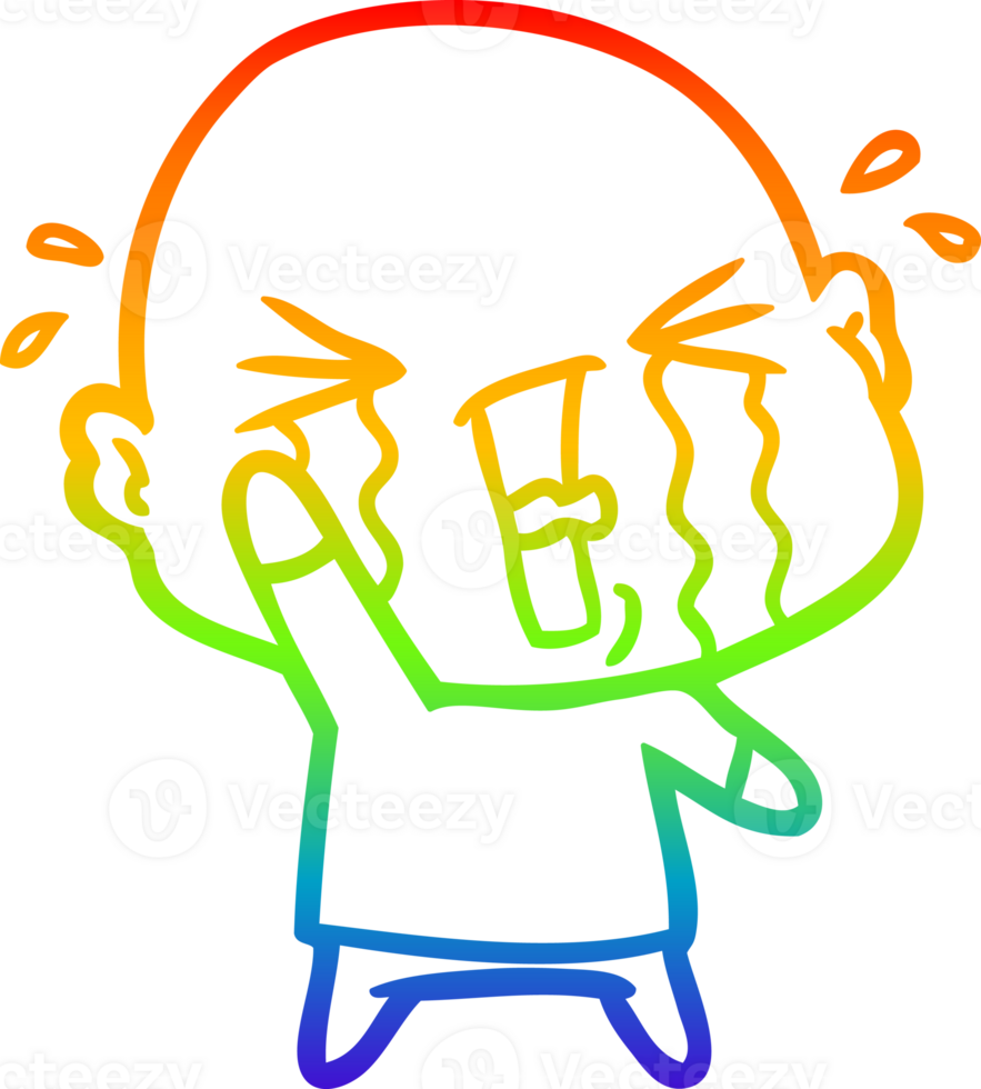 rainbow gradient line drawing of a cartoon crying bald man png