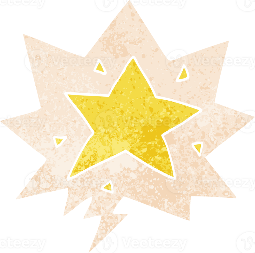 cartoon star with speech bubble in grunge distressed retro textured style png
