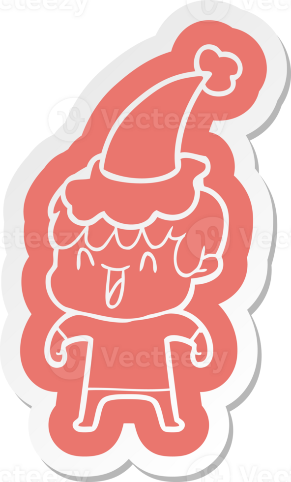 quirky cartoon  sticker of a laughing boy wearing santa hat png