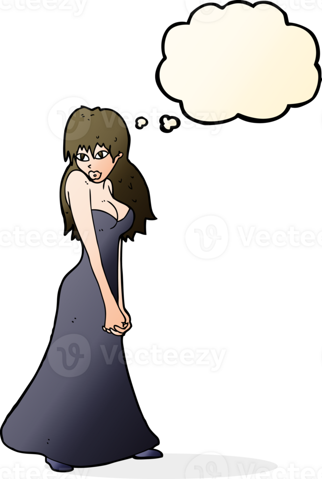 cartoon pretty woman in dress with thought bubble png