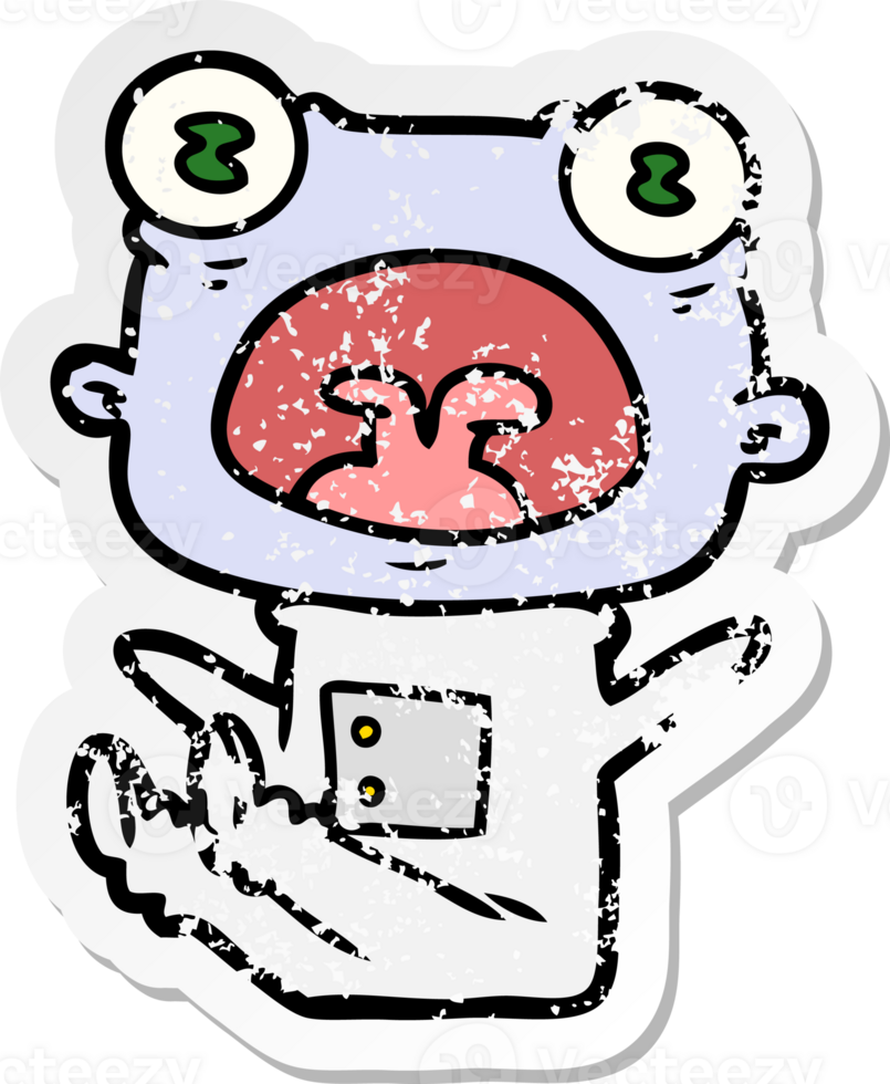 distressed sticker of a cartoon weird alien shouting png