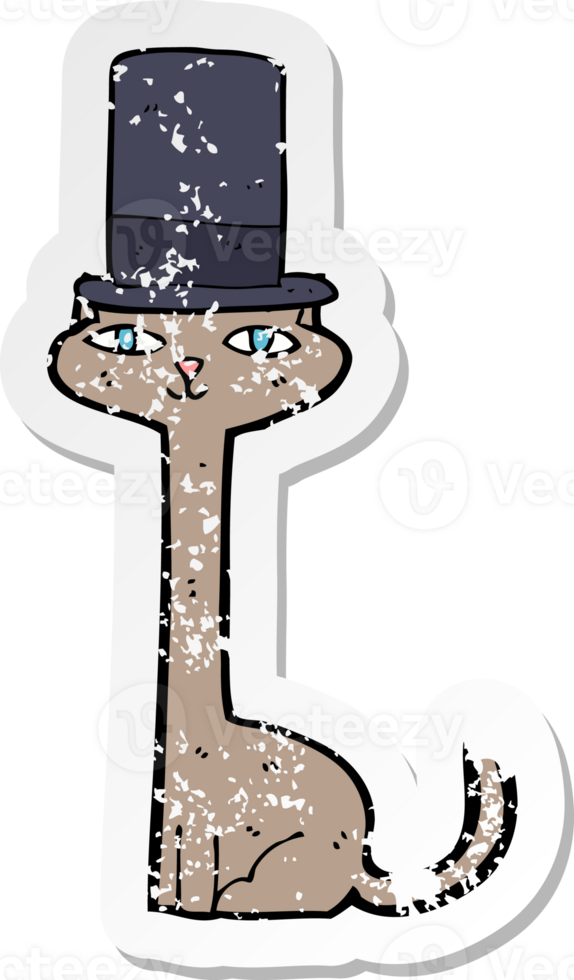 retro distressed sticker of a cartoon cat in top hat png
