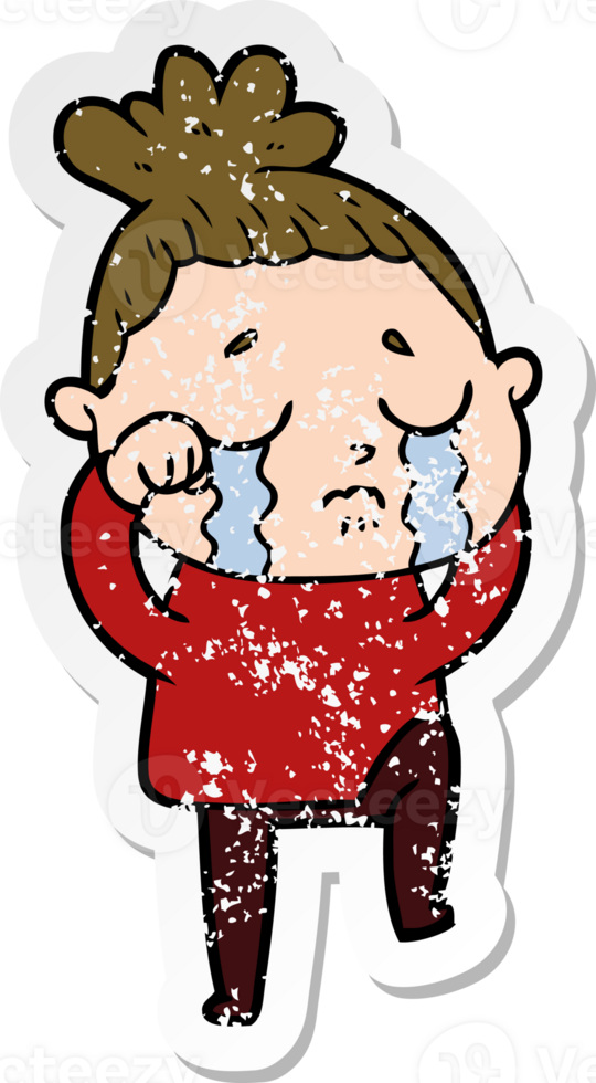 distressed sticker of a cartoon crying woman png