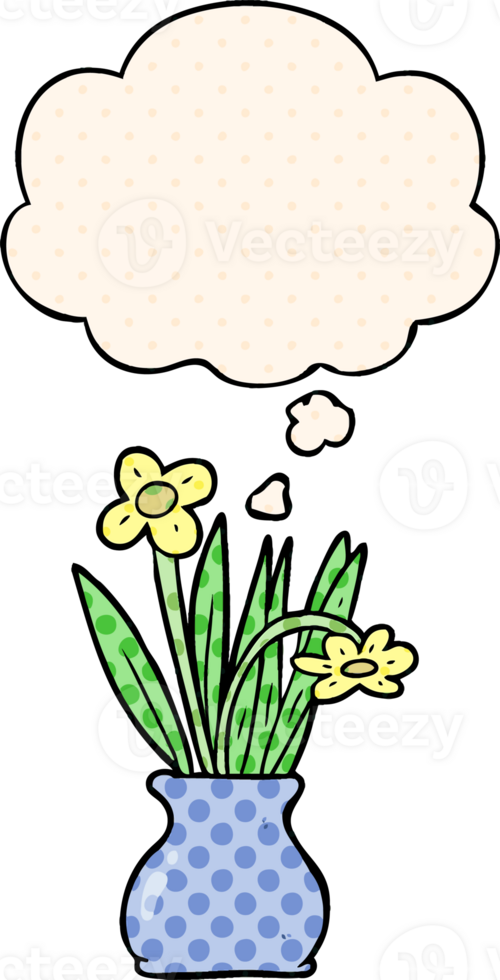 cartoon flower in pot with thought bubble in comic book style png