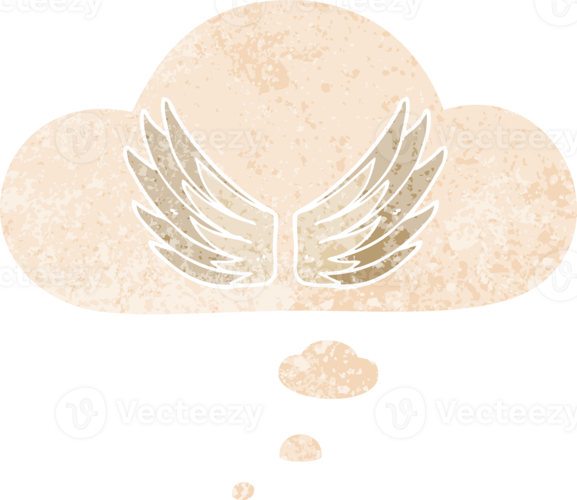 cartoon wings symbol with thought bubble in grunge distressed retro textured style png