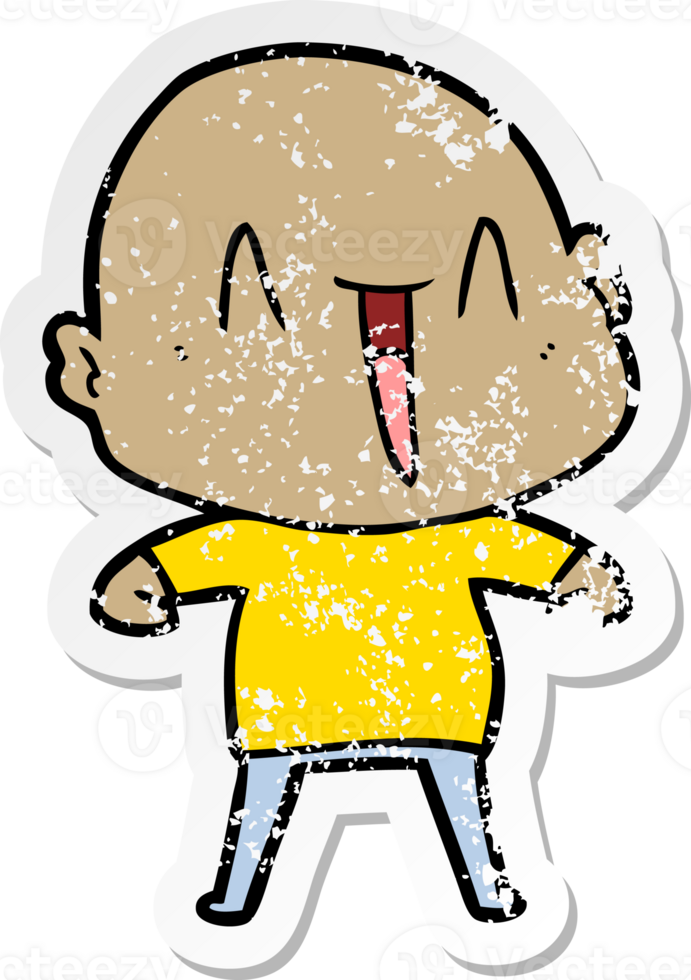 distressed sticker of a happy cartoon bald man png