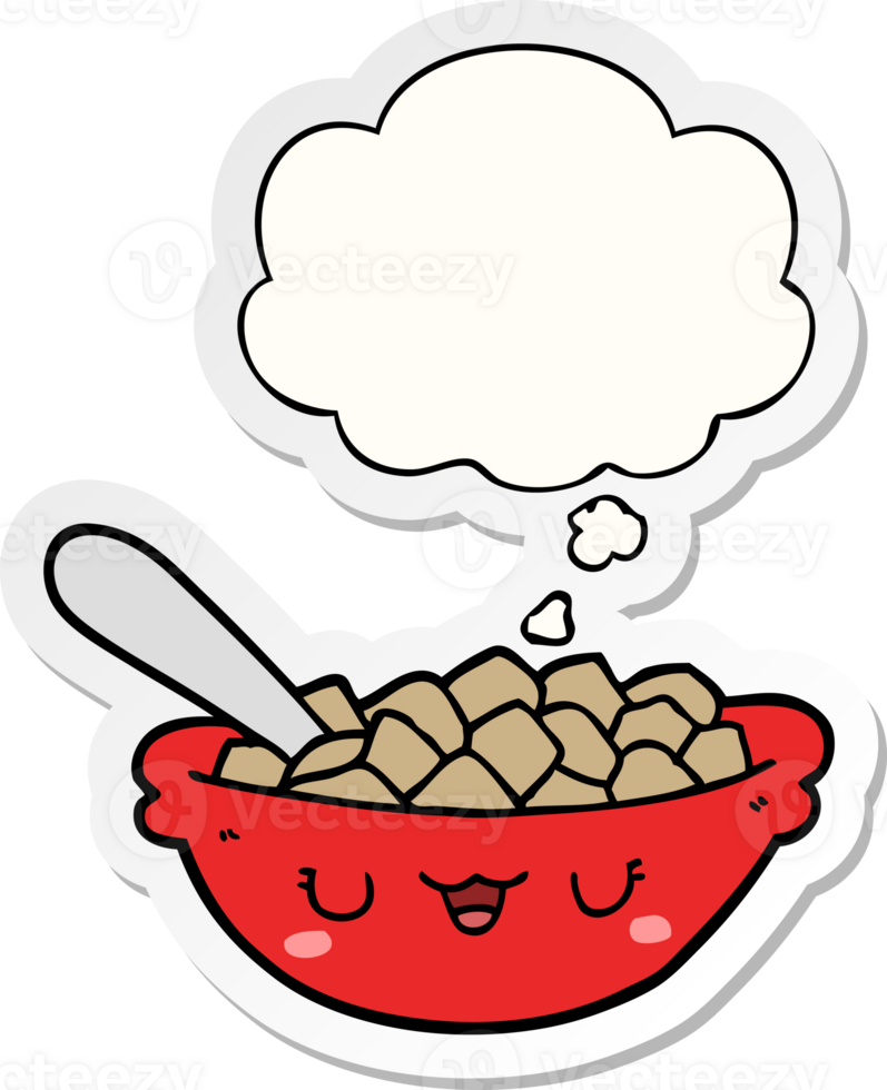 cute cartoon bowl of cereal with thought bubble as a printed sticker png