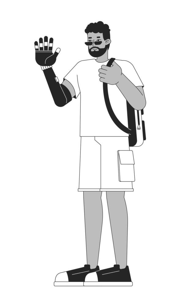 African american man waving prosthetic hand black and white 2D line cartoon character. Black male with disability isolated outline person. Inclusion support monochromatic flat spot illustration vector