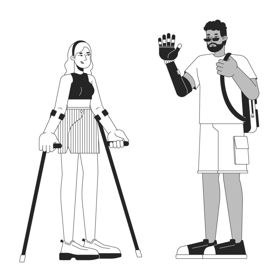 Friends disabilities black and white 2D line cartoon characters. European woman crutches and black man arm prosthesis isolated outline people. Diversity monochromatic flat spot illustration vector
