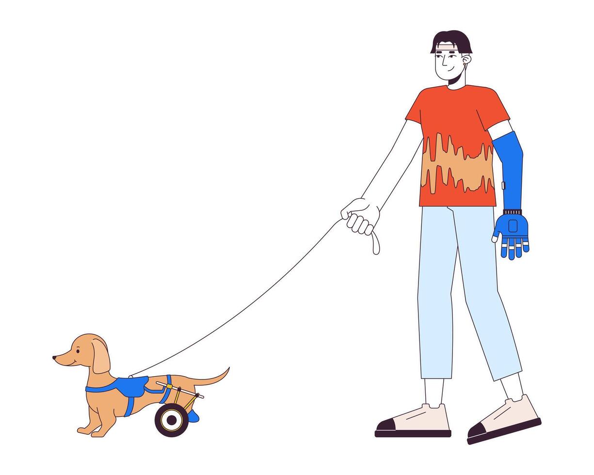 discapacitado asiático hombre caminando en silla de ruedas perro 2d lineal dibujos animados personaje. mascota propietario con protésico brazo aislado línea persona blanco antecedentes. invalidez cuidado color plano Mancha ilustración vector