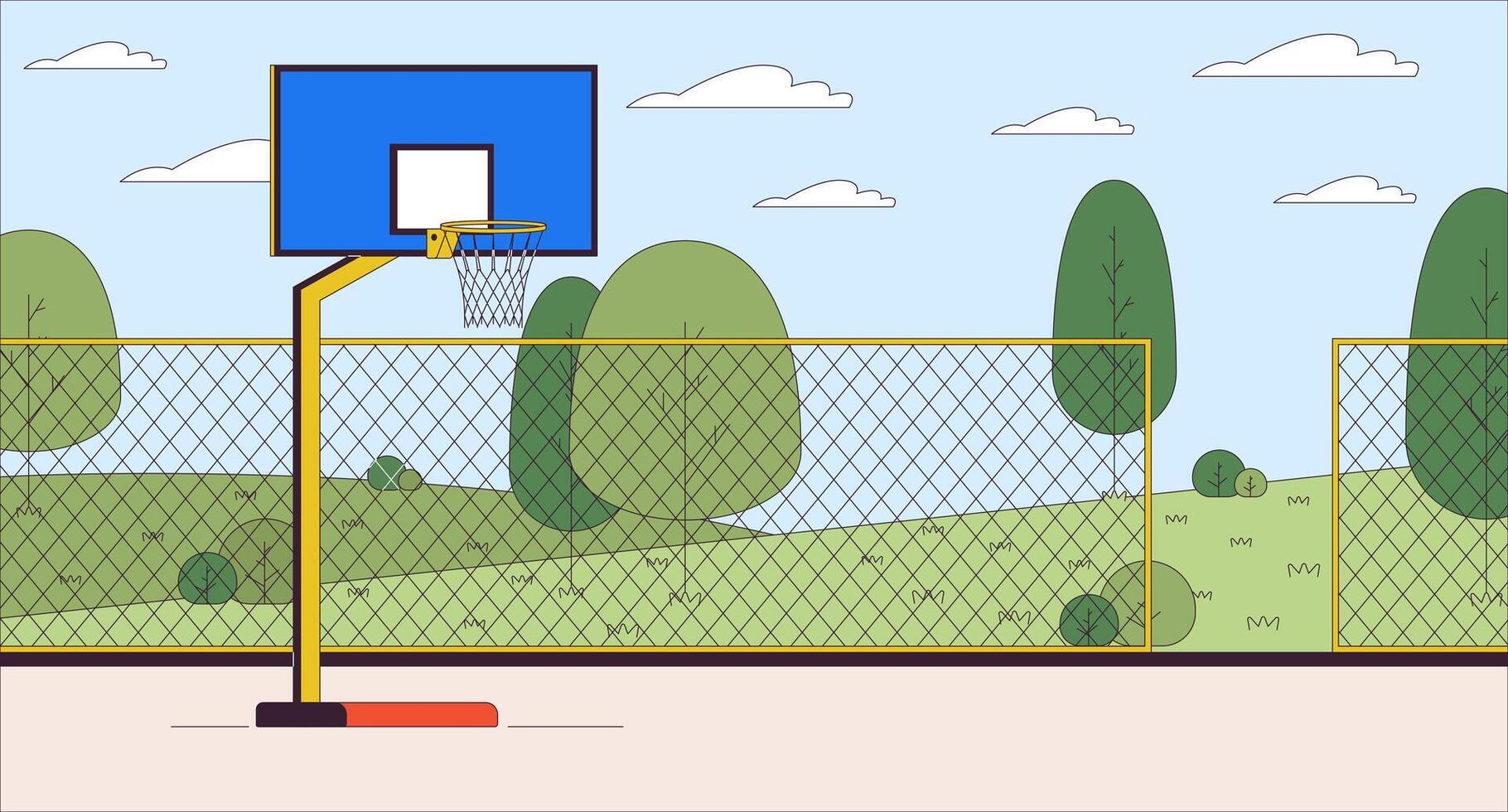 baloncesto Corte dibujos animados plano ilustración. equipo pelota juego. urbano campo deportivo con equipo 2d línea paisaje vistoso antecedentes. ciudad parque con Deportes campo escena cuentacuentos imagen vector