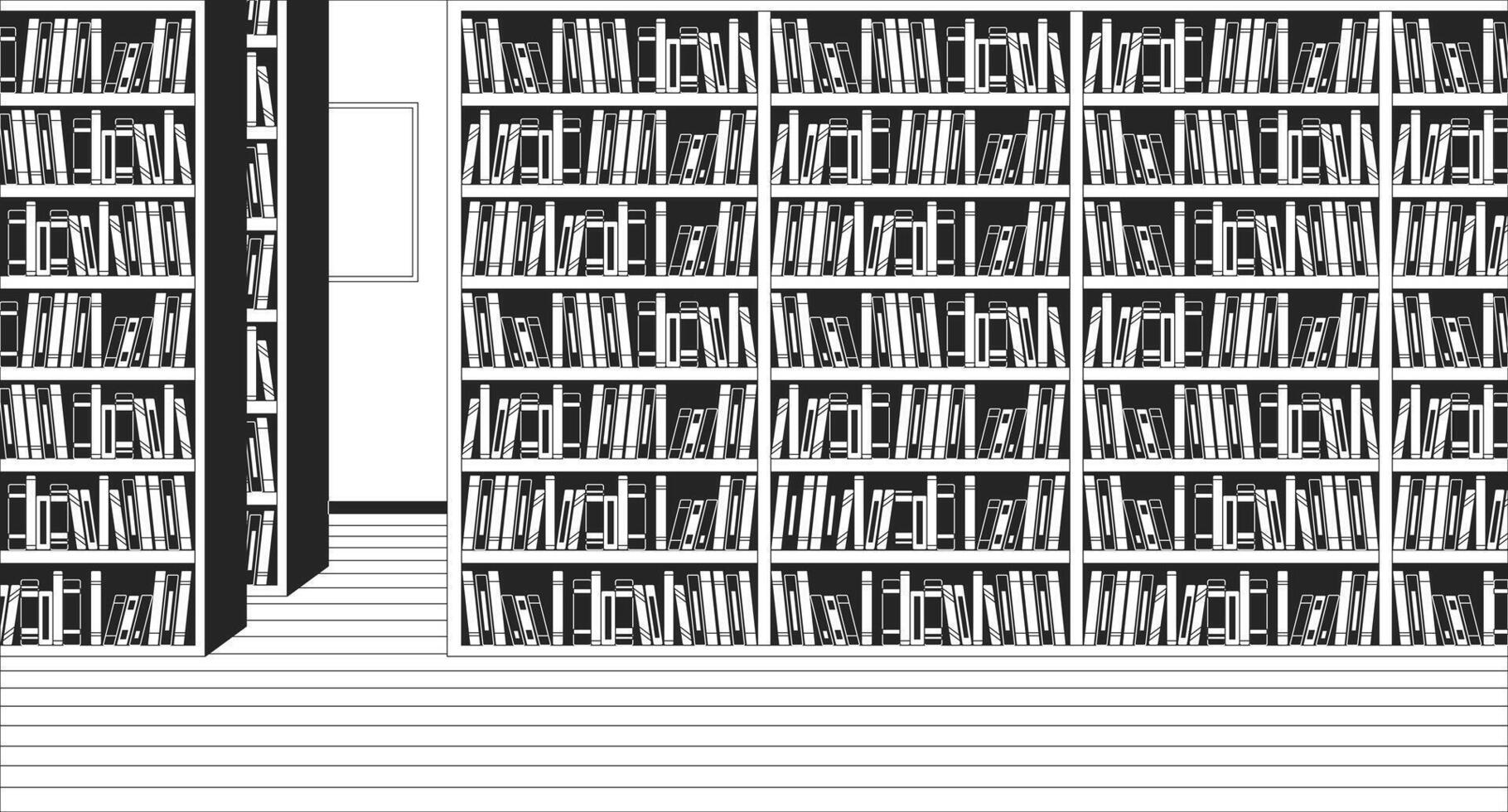 Public library interior black and white line illustration. Bookshelves with various literature in store 2D interior monochrome background. Bookshop with high racks outline scene image vector